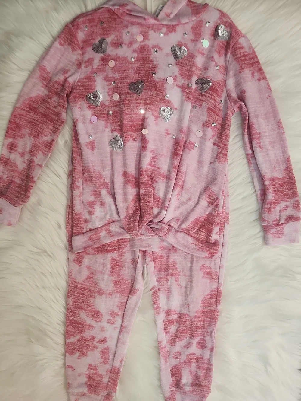 Pink Tie-Dye Heart Sequin Hooded Loungewear Set - Girls Size: 4-5